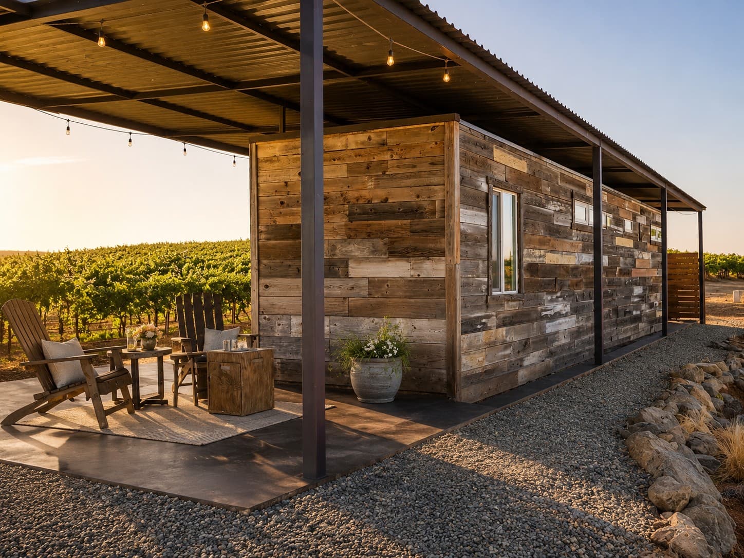 The wood-sided pavilion with covered seating and string lights beside the vineyard in low golden light